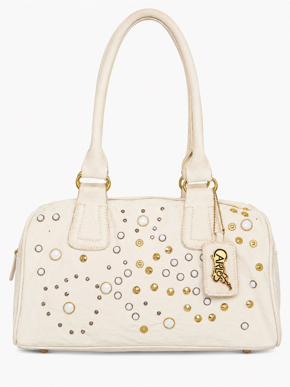 Carlos Santana Y2K Studded Shoulder Bag White Canvas Distressed Barrel Satchel